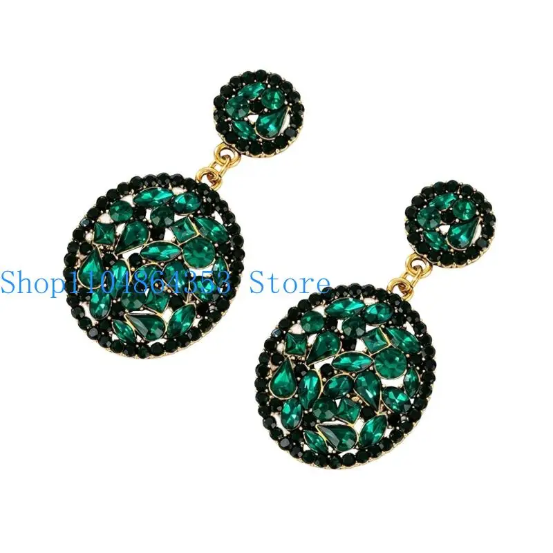 652F Vintage Round Statement Earrings for Women, Baroque Dangle Pair with Ornate Stone Detail and Metallic-Tone