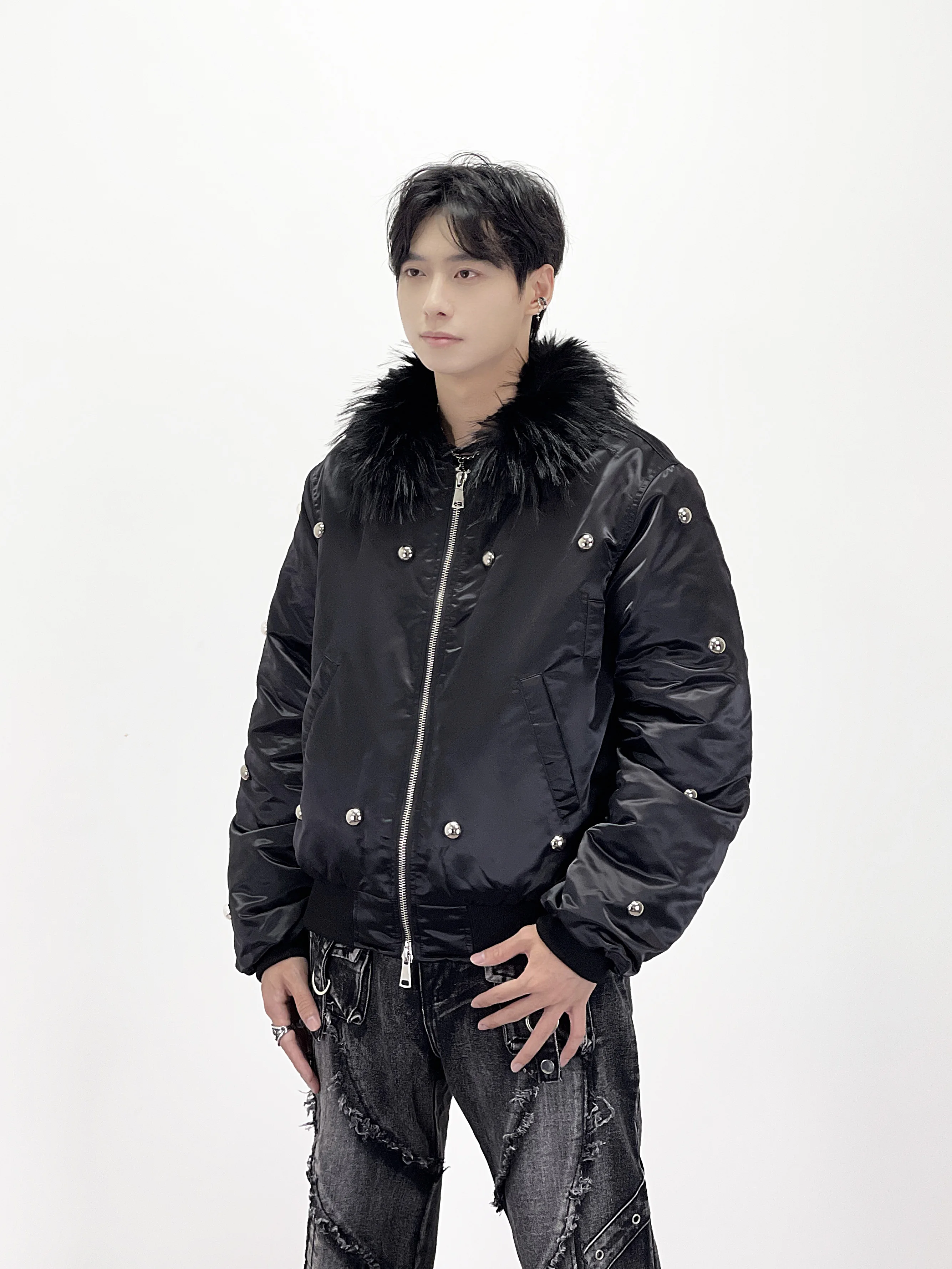 Y2K ثقافة فرعية الموضة الأمريكية العصرية الفراء طوق سترة القطن معطف الظلام الشرير نمط الشتاء سميكة ملابس خارجية دافئة للرجال