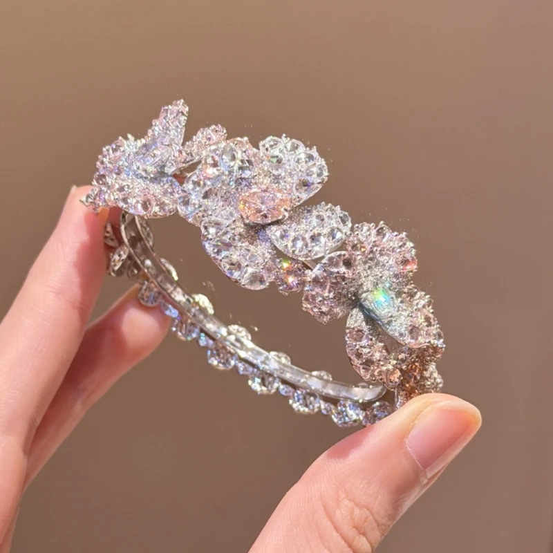 

Bellux Three Petal Sparkling Diamond Bracelet Pink 925 Silver Synthetic Gem Gold Plated Gift Jewelry Flower Bangle for Women