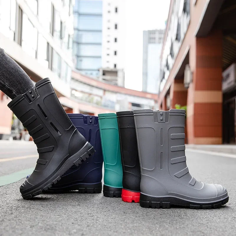 

Spring Men Mid-Tube High-Tube Outdoor Waterproof Non-Slip PVC Wear-Resistant Rain Boots Construction Site Rubber Shoes Plus Size