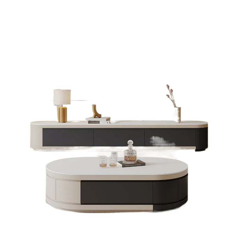 

Light luxury cream wind retractable rock slab coffee table TV cabinet integrated modern simple living room household size apartm
