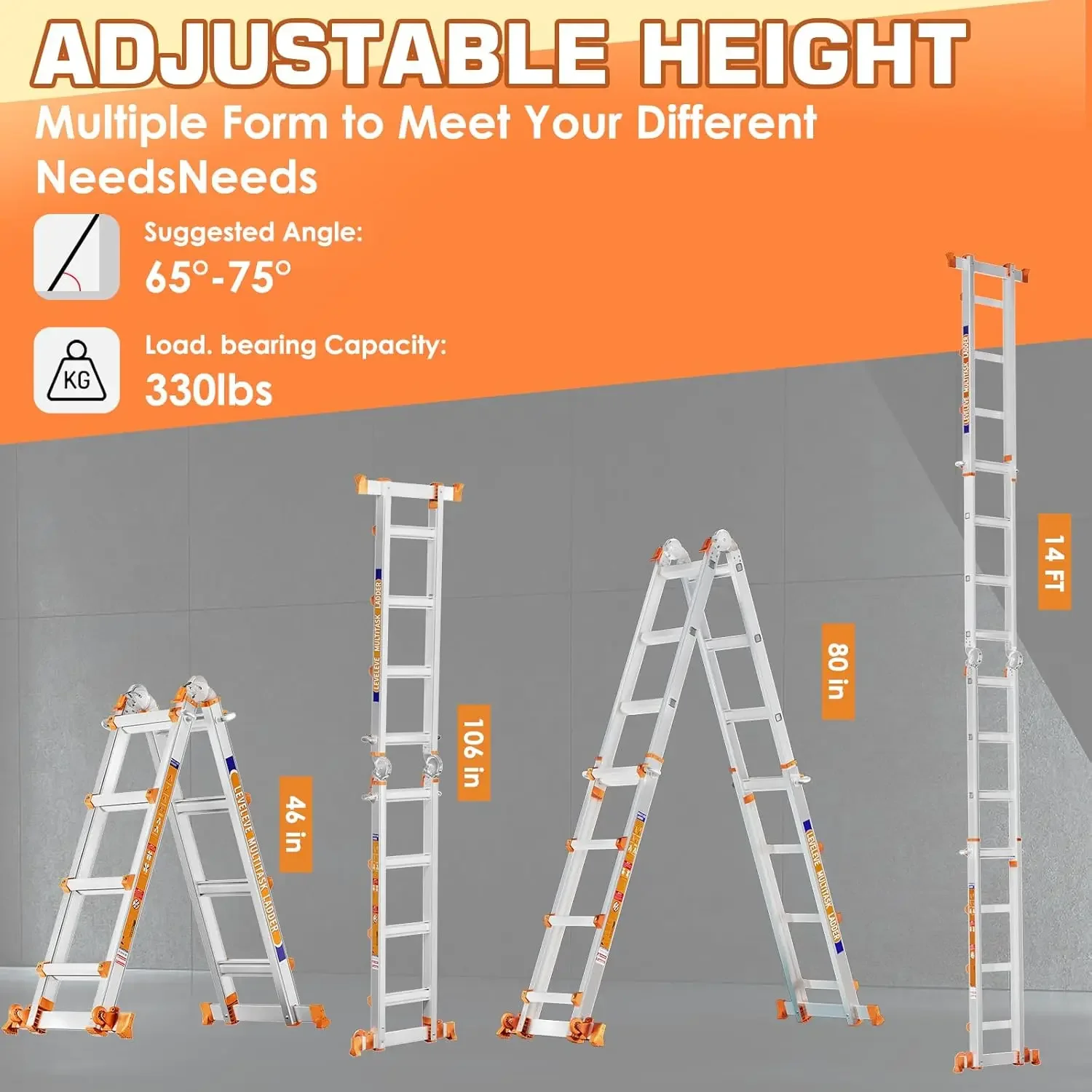 A Frame 4 Step Ladder, 14FT Extension Ladder with Stabilizer Bar & Wheels,330 lbs Security Load Multi Position Ladder