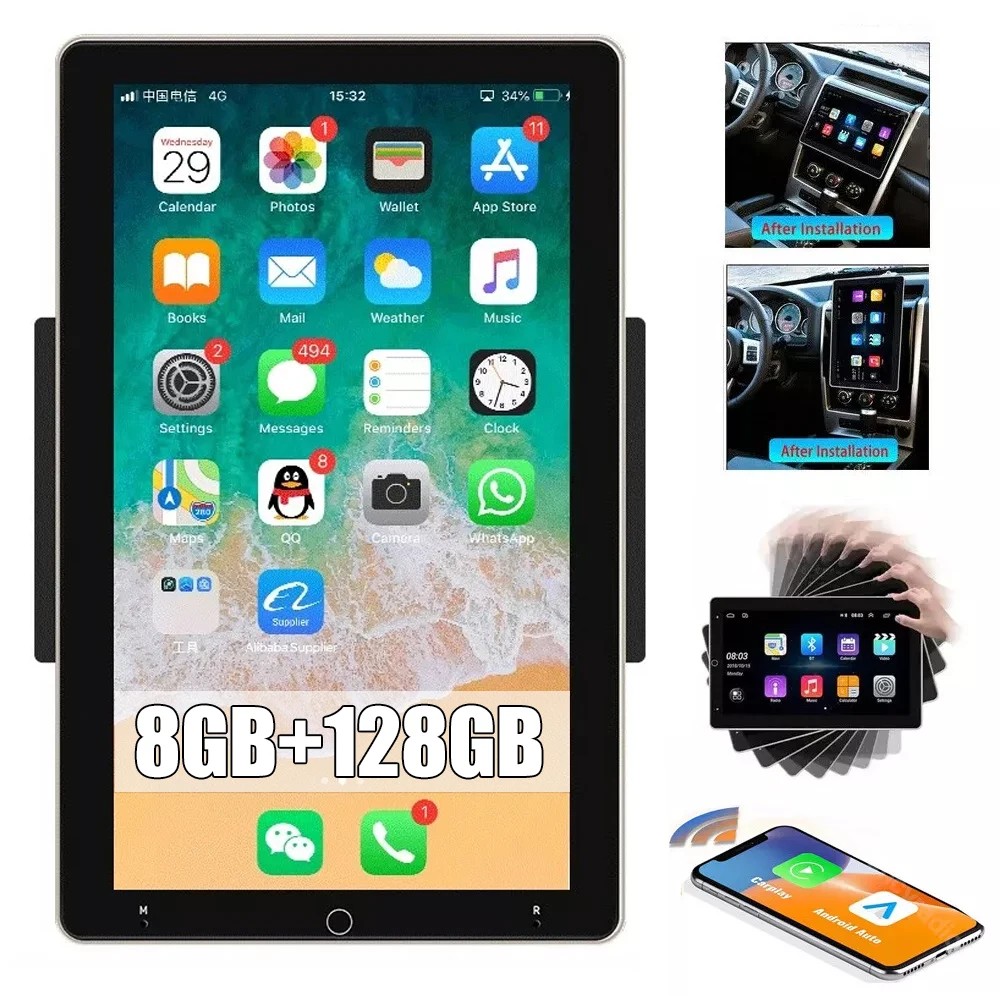 

10,1-дюймовый автомобильный радиоприемник CarPlay Android 14, универсальный вращающийся на 90 градусов экран, 2Din стерео видео, мультимедийный плеер, GPS Navi RDS