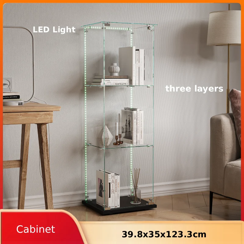 Anajqaqia Three Layers Glass Display Cabinet with LED Light, Black