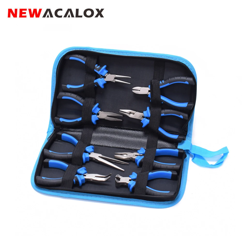 NEWACALOX 8Pcs Mini Pliers Set with Tool Bag Jewelry Pliers Set Needle Nose Pliers, Wire Cutters, Nylon Jaw 4.5\