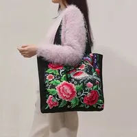 Ethnic Style Flower Embroidery Canvas Tote Shoulder Bag Large Capacity Handbag For Women 4