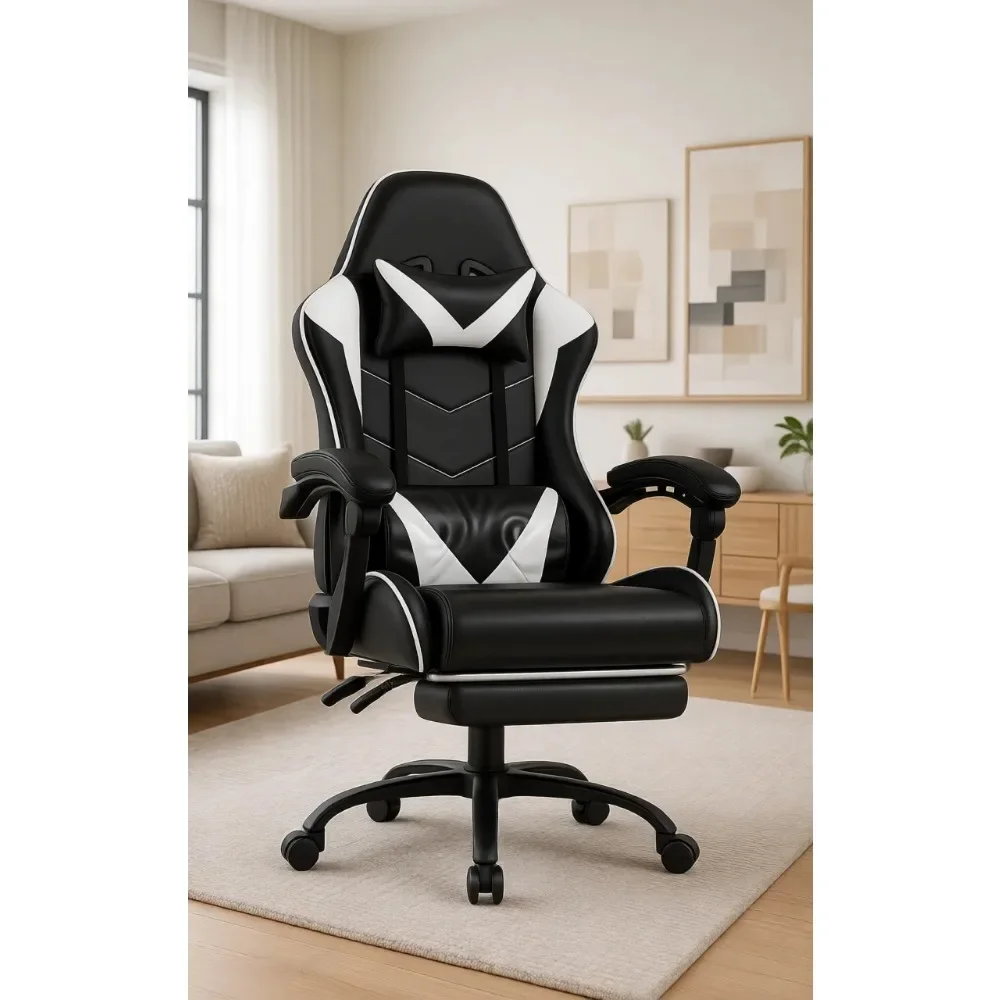High-back reclining game chair with ottoman massage waist support metal legs 360 ° rotation, white video game office chair