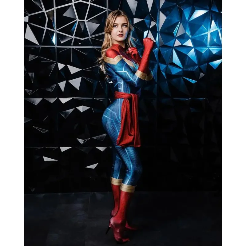 Halloween Carol Danvers Cosplay Costume, Fêmea Super-herói Zentai Suit, Mulher, Meninas, Bodysuit, Macacões de festa, Adultos, Crianças