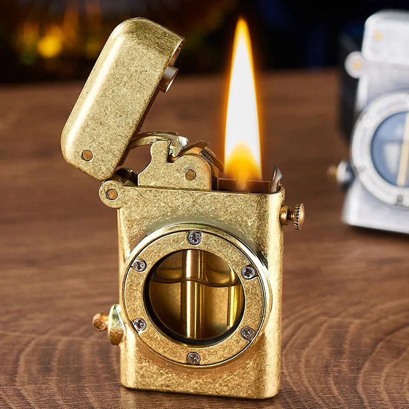 Vintage Metal Kerosen Lighters Flame Oil Cigarette Lighter Torch Ejection Cigar Visible Transparent Oil Tank Lighter Men Gadget