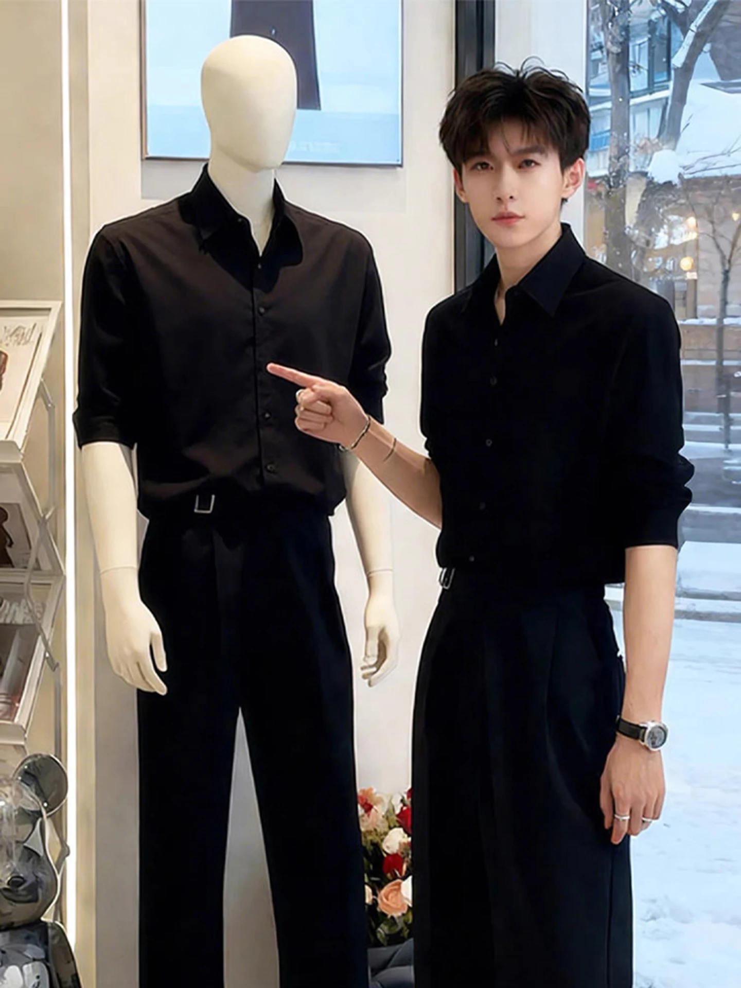 

Neapolitan Bla Long Sve Men's irt Spring High-End Suit Inner irt Haome Rebellious Outerwear Breathable Youth Trend