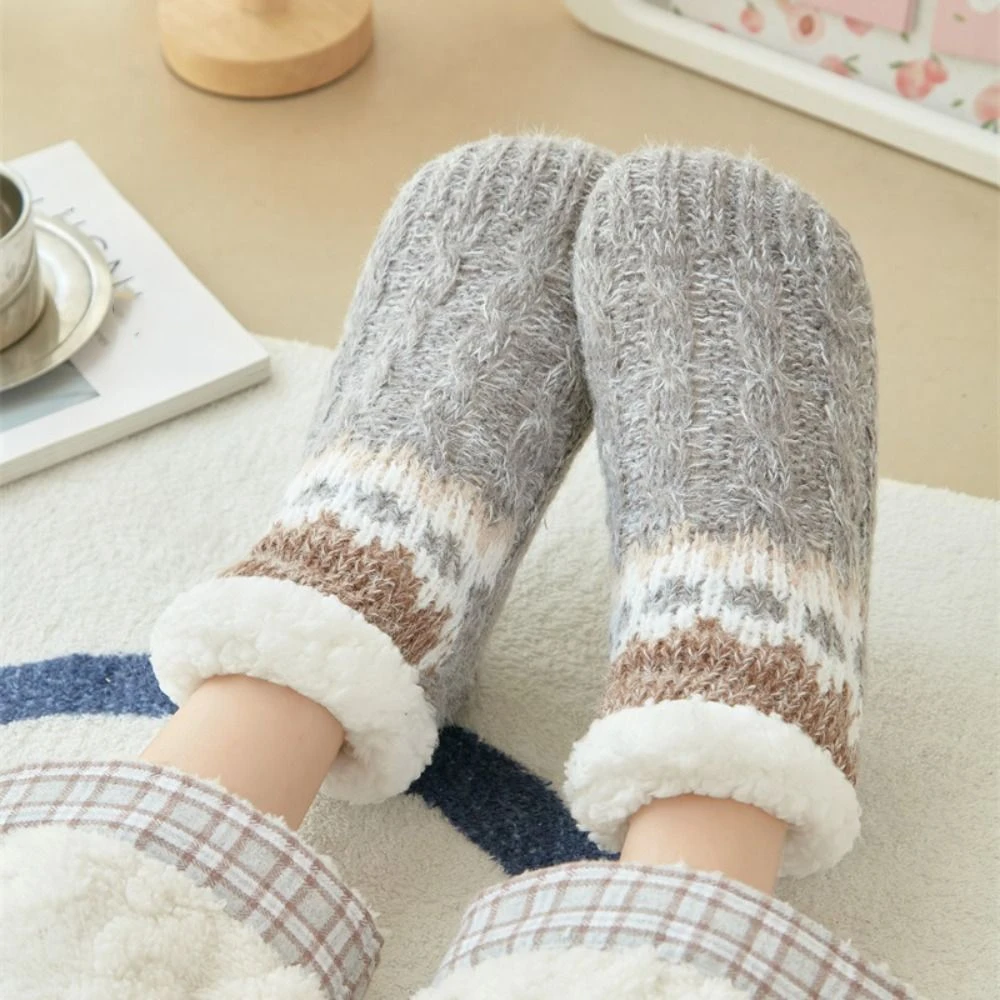 Comfortable Plush Floor Socks Women Flower Anti Slip Slippers Socks Ankle-high Hosiery Winter Fleece Socks Indoor