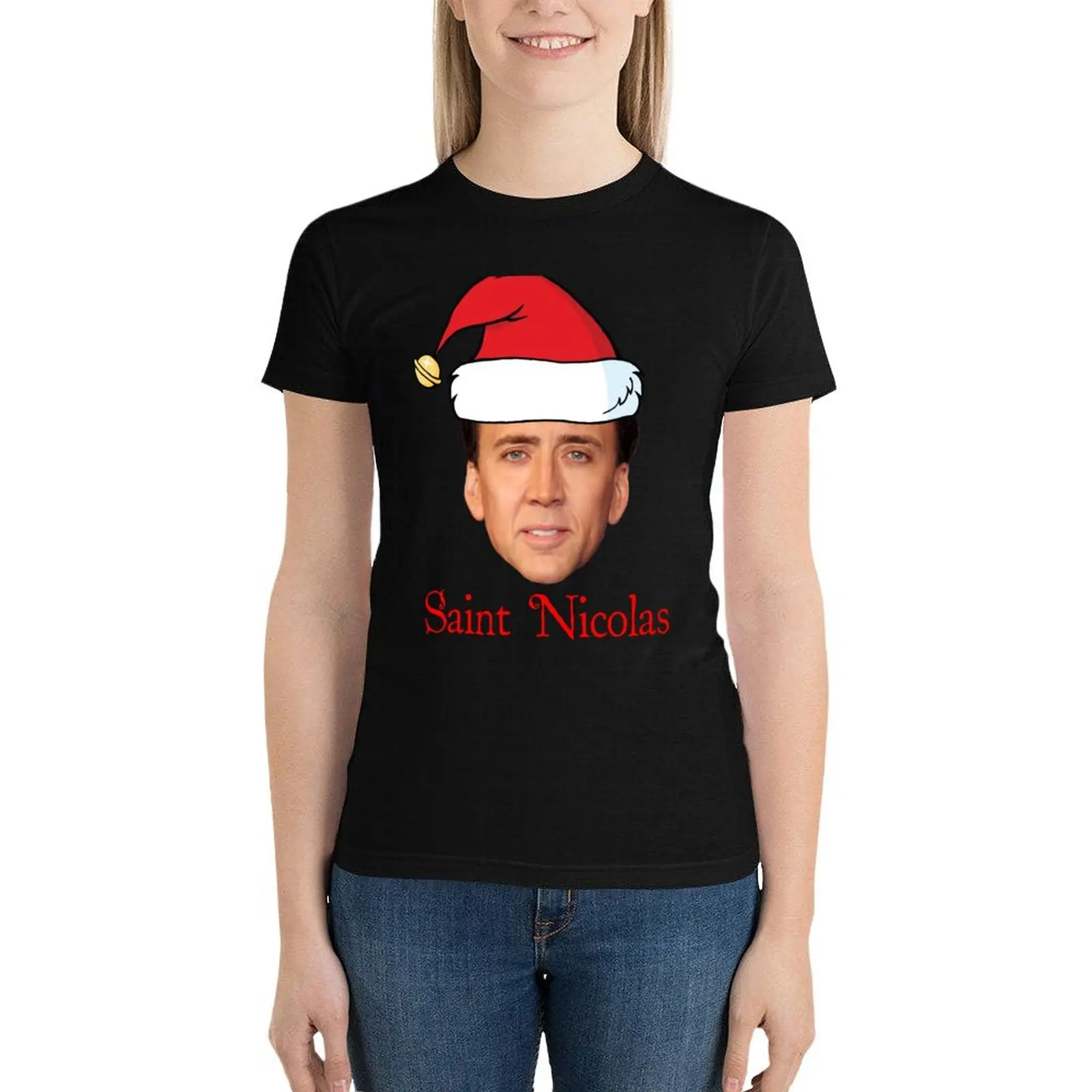 Saint Nicolas Cage Christmas T-Shirt lady clothes female Aesthetic clothing Top Women