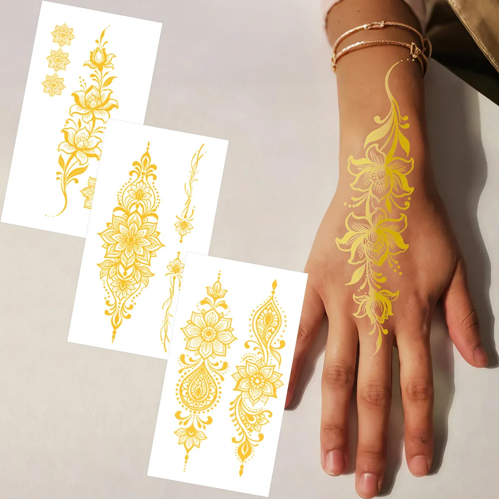 1pc Metallic Flower Tattoo Stickers for Women Waterproof Golden Henna Mandala Temporary Tattoos Fake Tattoo Wedding Body Decor