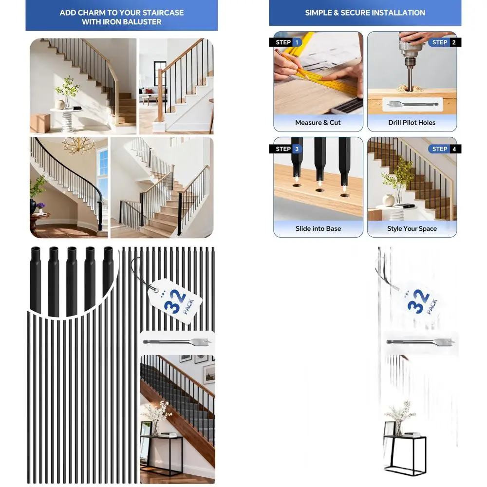 

32pcs 44 Square Hollow Metal Iron Balusters, 1/2 Wrought Iron Spindles for Indoor Stair Railing, Black