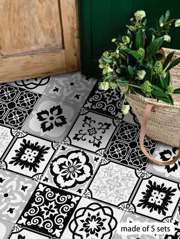 Moroccan Print Self-Adhesive Floor Tiles Grey Black Waterproof 7.87x7.87in Kitchen Living Room Decor