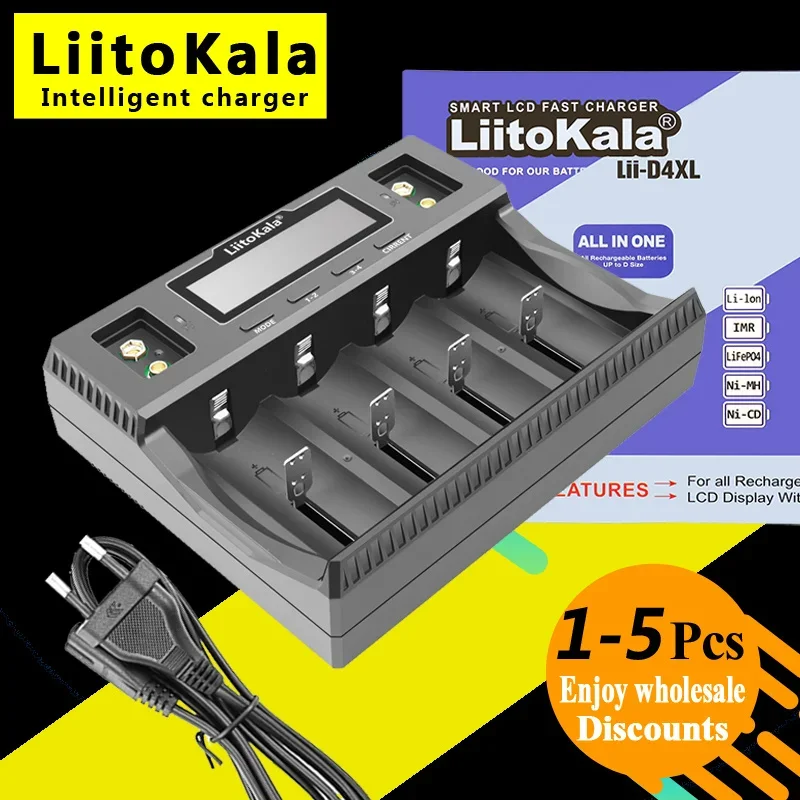 LiitoKala Lii-D4XL 32700 26650 18650 21700 18500 14500 16340 AA AAA 3.2V/3.7V/1.2V/9V Li-Ion Ni-MH Smart Battery Charger
