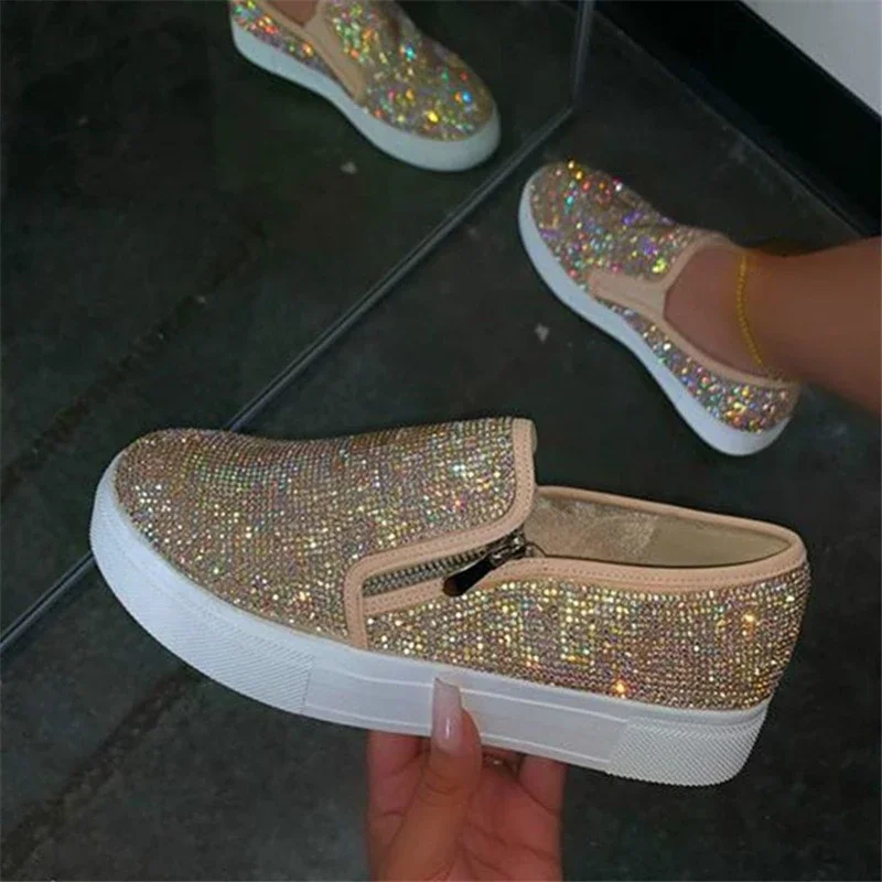 Women Flat Casual Single Shoes Fashion 2023 Rhinestone Bling Sewing Platform Loafer Luxury Shoes Casual Comfortable Female Shoes