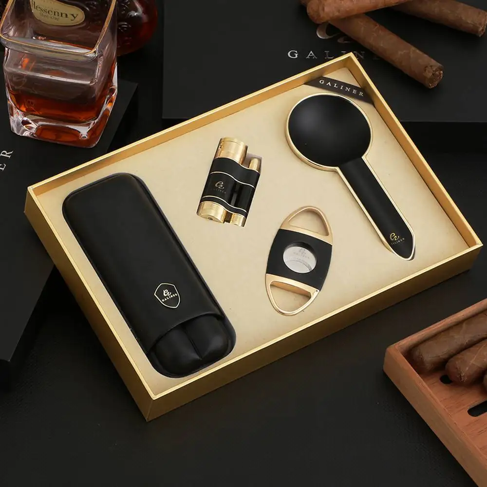 GALINER Cigar Accessories Set Metal Lighter Cigar Cutter Punch Portable 1 Tube Ashtray Smoking Cigar Case