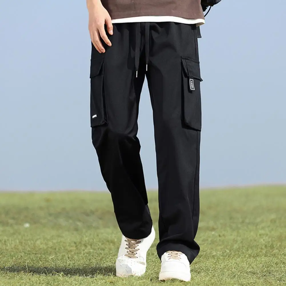 

Мужские комбинезоны из ледяного шелка, прямые штаны с широкими штанинами и несколькими карманами, эластичный пояс, однотонные спортивные брюки для фитнеса и тренировок