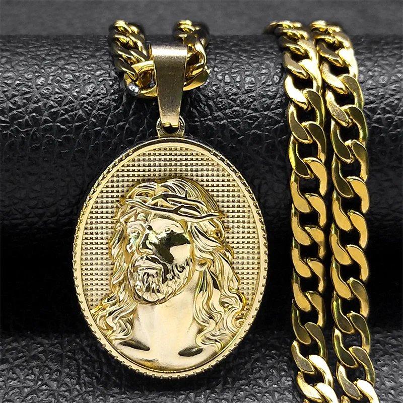 Kroon Van Doornen Jesus Mannen Ketting Hiphop Roestvrij Staal Christ Gouden Kleur Medaille Hanger Religieuze Kettingen Sieraden Nzz471s05