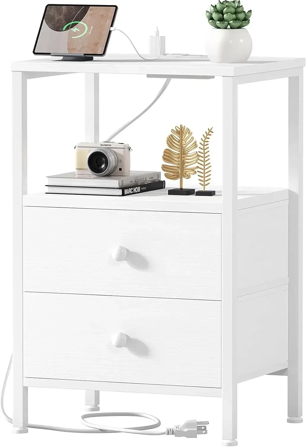 

Charging Station & USB Ports, Small Nightstand W/ Drawers & Shelf Storage End Table for Bedroom, Dorm, Modern Bedside Table