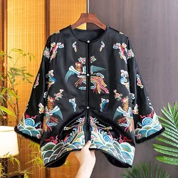 Chinese Style O-Neck Acetic Acid Satin Embroidery Top Cuff Splice Mink Hair Women's Spring And Autumn Loose Jacket S-XXL