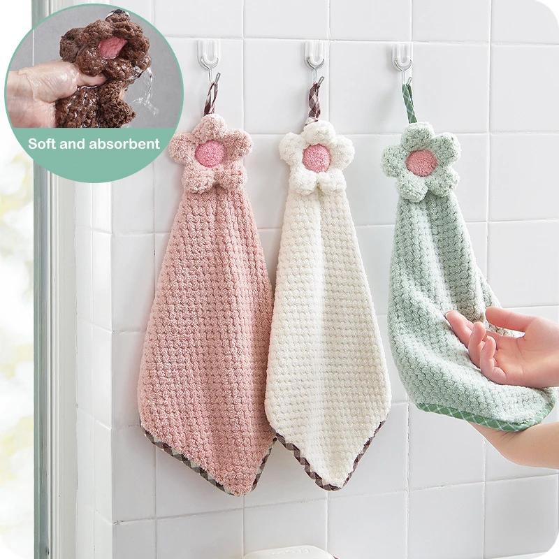 Ins Small Fresh Flower Hand Towel Soft Coral Velvet Thickened Hangable Super Absorbent Towel Kitchen Cleaning Cloth