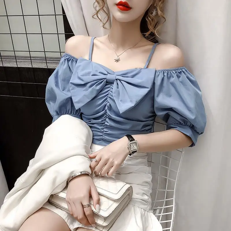 

​​Designer Bow Detail Puffed Sleeve Blouse Summer 2025 Off Shoulder Chiffon Top Elegant Feminine Pullover​​