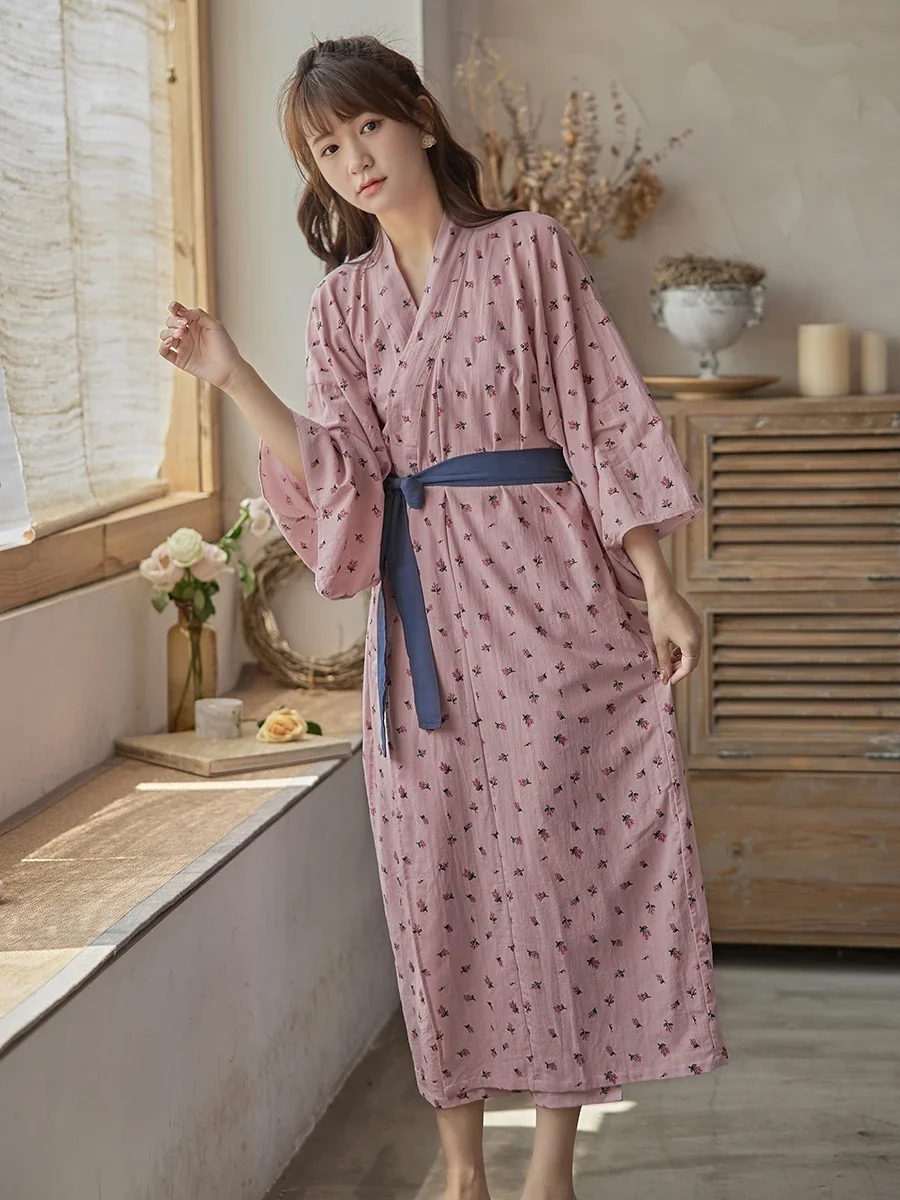 Japanese Kimono Robe Cotton Female Floral Print with Belt Pink Bathrobe Yukata Pajamas for Women Nightgown Homewear Comfortable