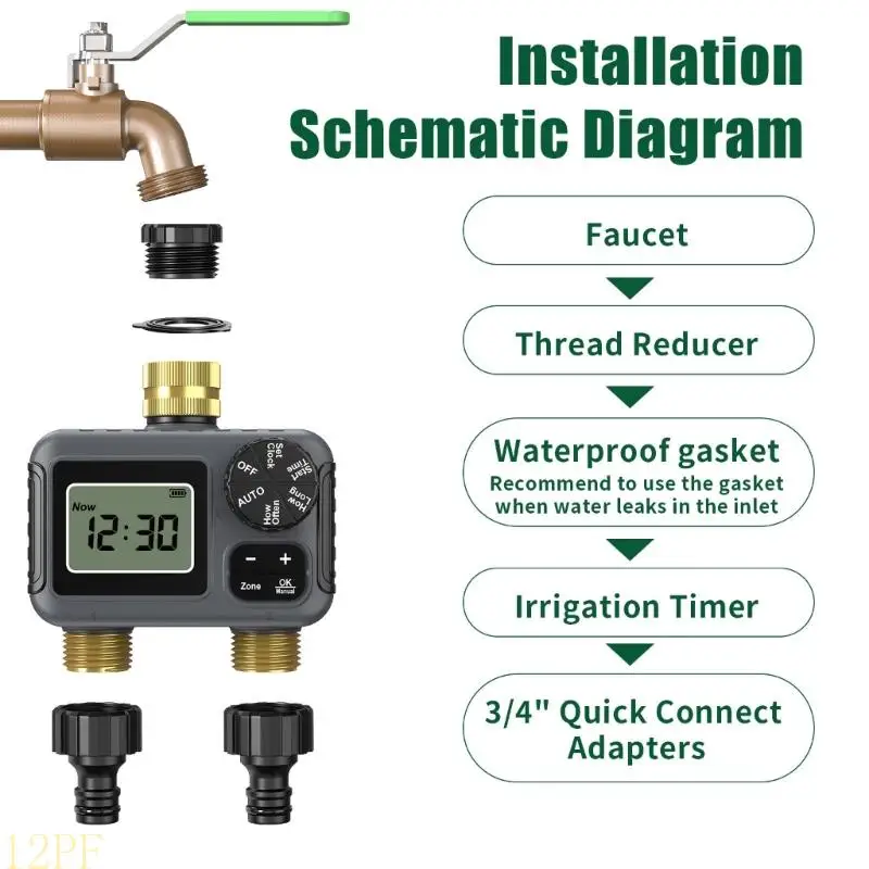 12PF Weatherproof Brass Double Channel Water Valves BSP 3/4 Inch Thread LCD Display Gardening