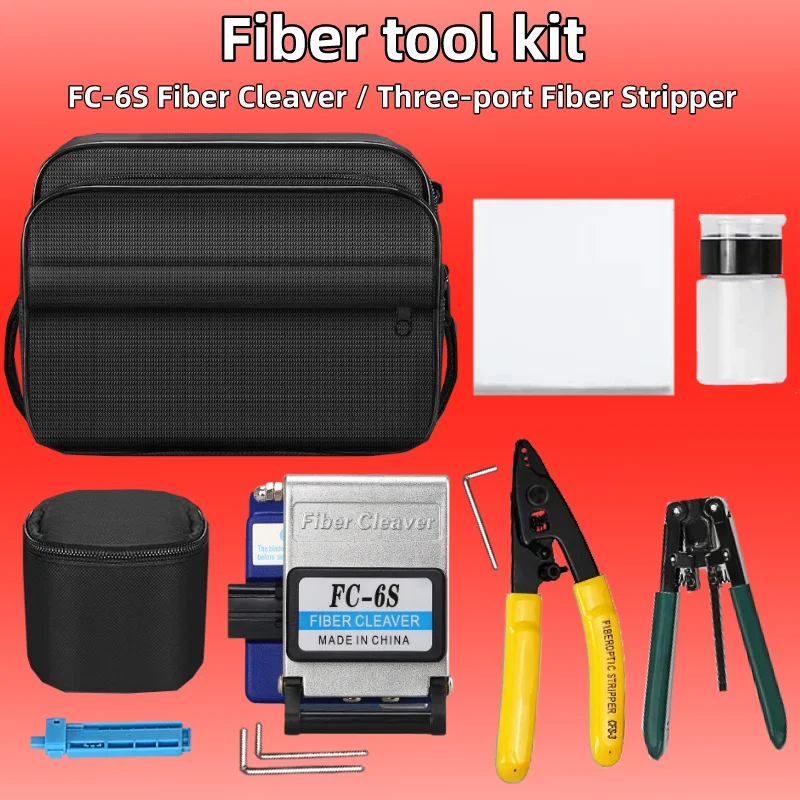 FTTH Fibra Óptica Tool Kit com Alicate de decapagem, FC-6S Cleaver, Couro Wire Stripper, Três Portas, CFS-3