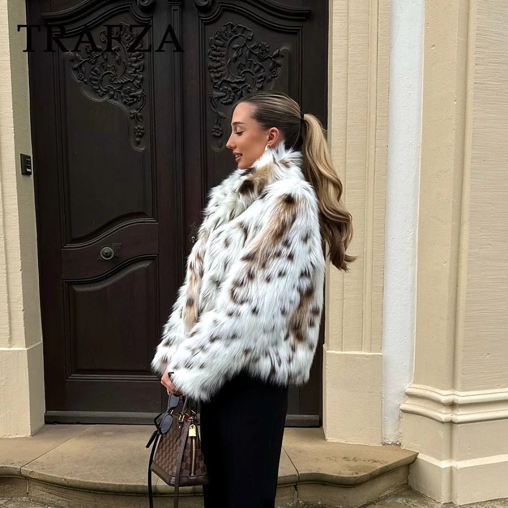 TRAFZA Fashion 2024 Winter Leopard Women Faux Fur Luxury Outwear Furry Splendid Vintage Thick Outewear Elegant Chic Party Jacket