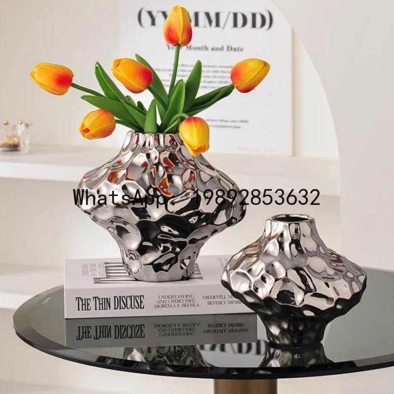

Silver Ceramic Vase Irregular Stone Grains Geometric Slices Flower Vase Flower Arrangement Accessories Home Decoration