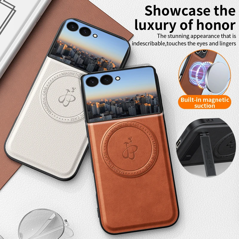 For Samsung Galaxy Z Flip 7 Magnetic Wireless Charging Bracket Lens Protection Leather Phone Case Silicone Soft Back Cover Cases