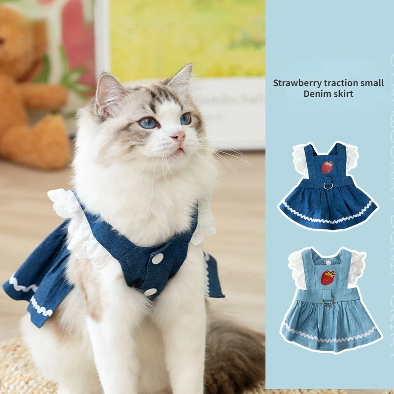 Cat Clothes Cute In Strawberries Tow Rope Two Feet Denim Skirt Puppet Blue Cat Hair Proof Pet Clothes Princess Summer Dress