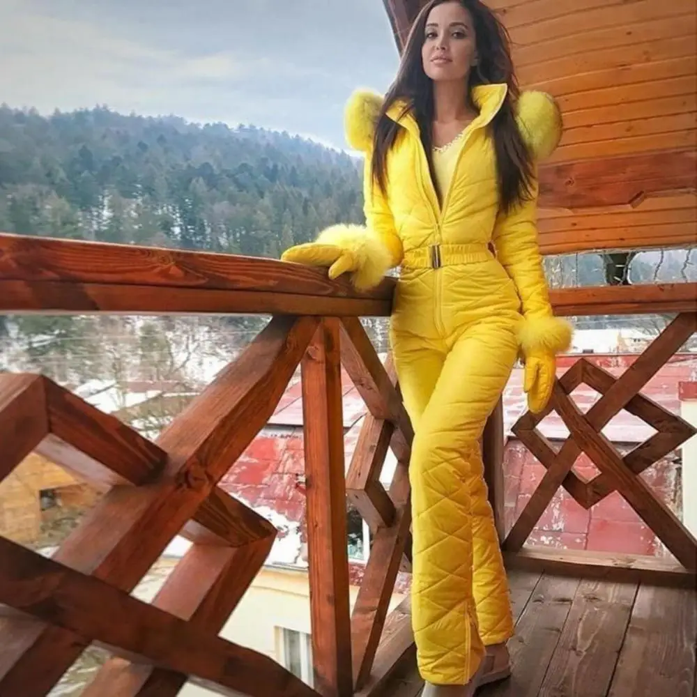 Kunst pelz kragen Kapuze Frauen Overalls Winter Ski Jumps uit Outdoor warmes Fleece Ski Jumps uit Frauen Ski Suite Wintermantel