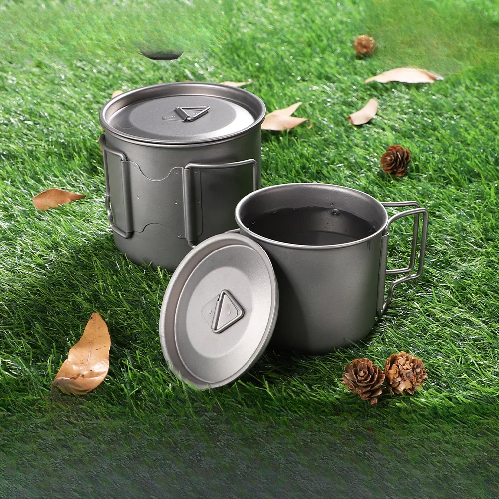 Camping Titanium Cup with Lid Pure Titanium Outdoor Mug Camping Folding Water Tableware with Handle Titanium Alloy tys