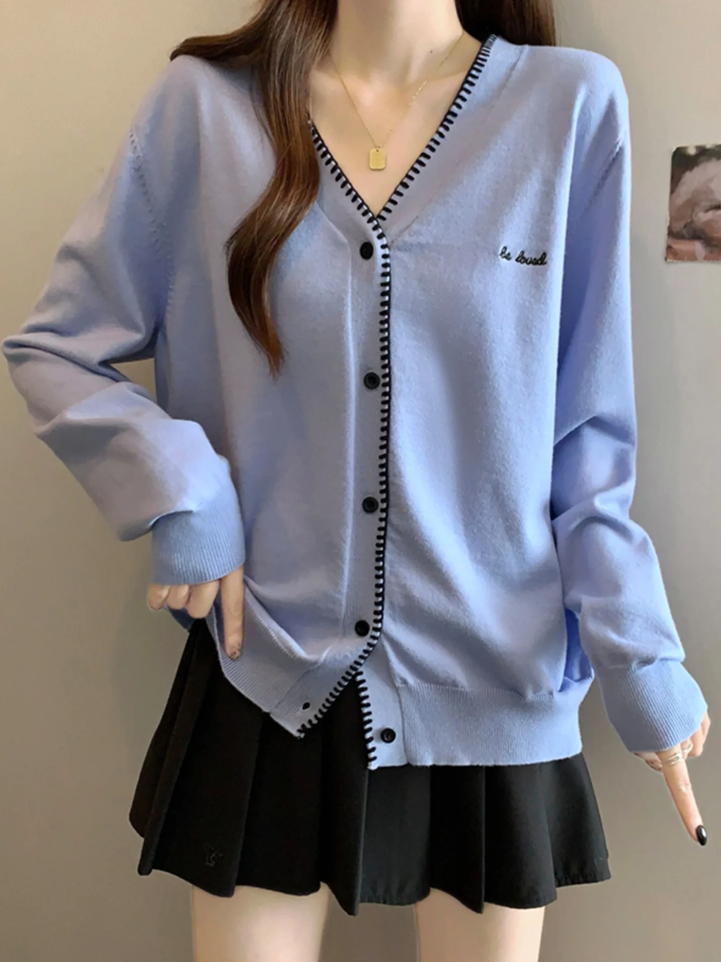 

Синий вязаный кардиган с V-образным вырезом, женский, свободного кроя, с длинными рукавами, мягкий, удобный, дышащий, базовый топ для осени