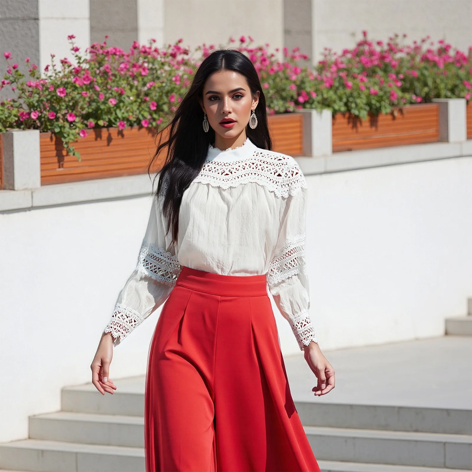 여성용 봄 가을 솔리드 컬러 캐주얼 셔츠 긴 소매 모크넥 크로셰 컷아웃 레이스 트림 블라우스