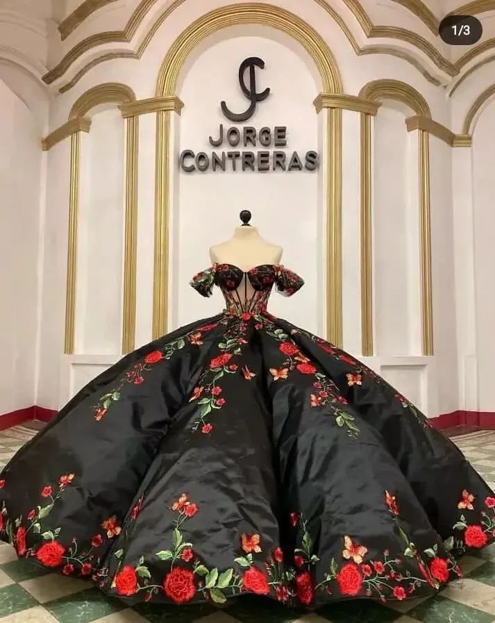 Black Princess Charro Quinceanera Dresses Off Shoulder floral embroidery corset Sweet 16  vestidos de 15 Mexican Girls XV