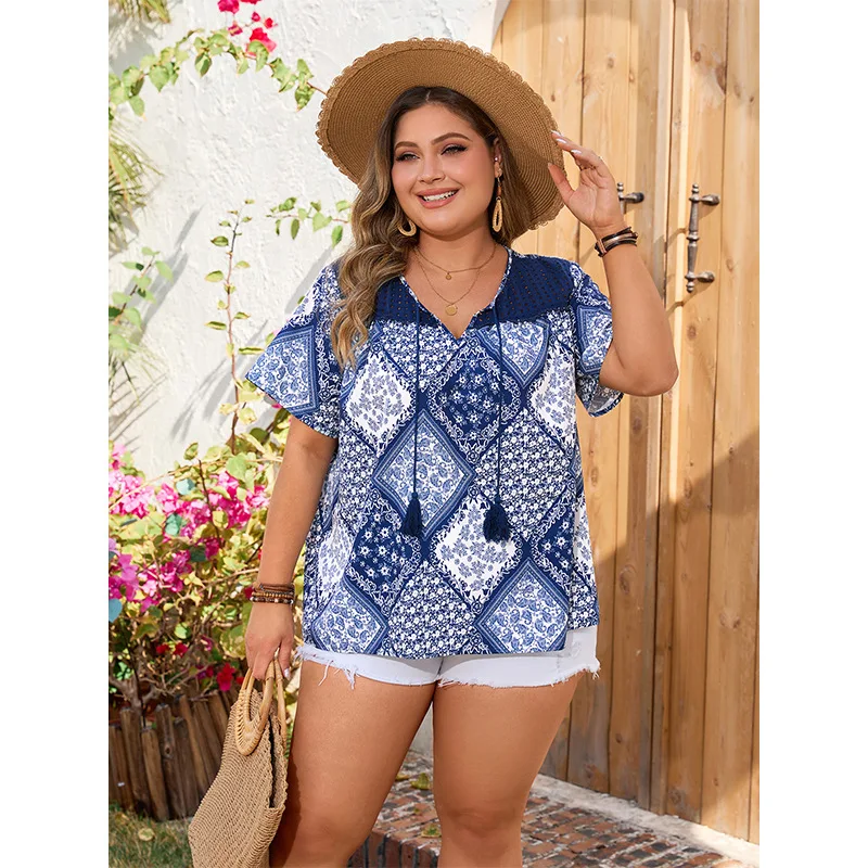 Plus Size Blouse for Women Short Sleeve Bohemian Style Oversized Loose Casual Shirts V Neck Summer Tops