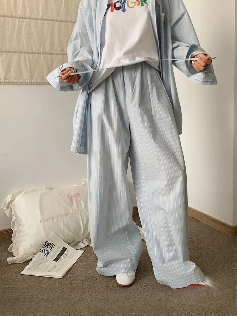 

Brand Casual Loose Striped Long Pants Color Woven Loose Fit Handbag Store Straight Leg Pants Cotton l Waist