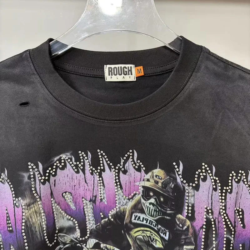 

Hip Hop Skeleton Print Vintage Wash Black RoughPlay T Shirt Men Women Unisex Splicing Edges Damaged Hole Rough Play T-Shirt Tee