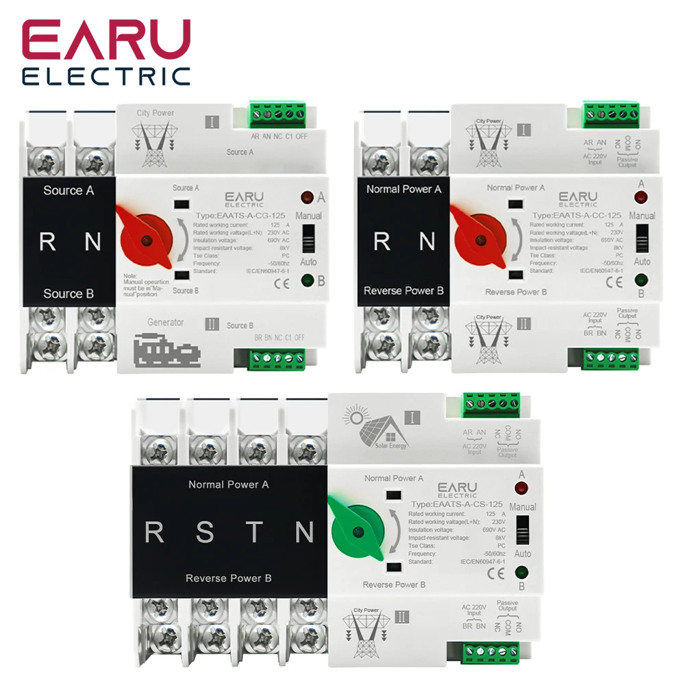 2P 4P AC 110V 230V 125A Din Rail Mini ATS Dual Power Automatic Transfer Switch Electrical Selector Switches Uninterrupted Power