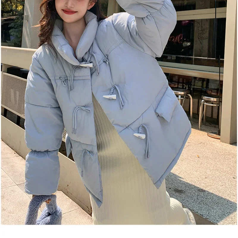 2024 Fashion Horn Buckle Women\'s Winter Cotton Clothes Loose Casual Long Sleeve Tops Jacket Solid Color Commuter Bread Clothes