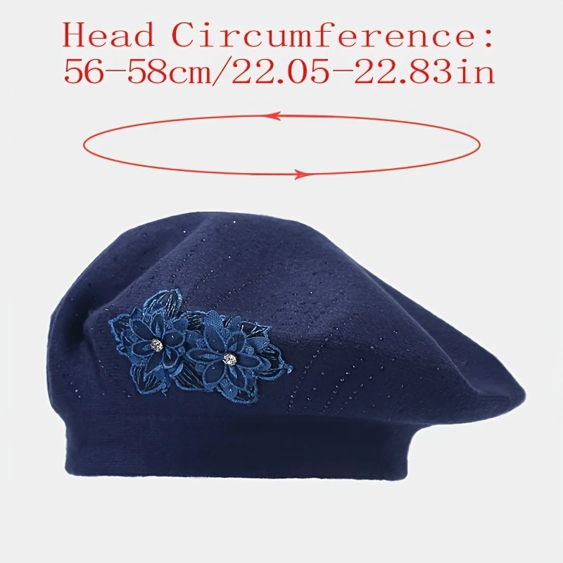Teens' Acrylic Beret Hat with Floral Rhinestone Embellishment Autumn Winter Fashion Soft Knit Cap Gender Reveal Parties