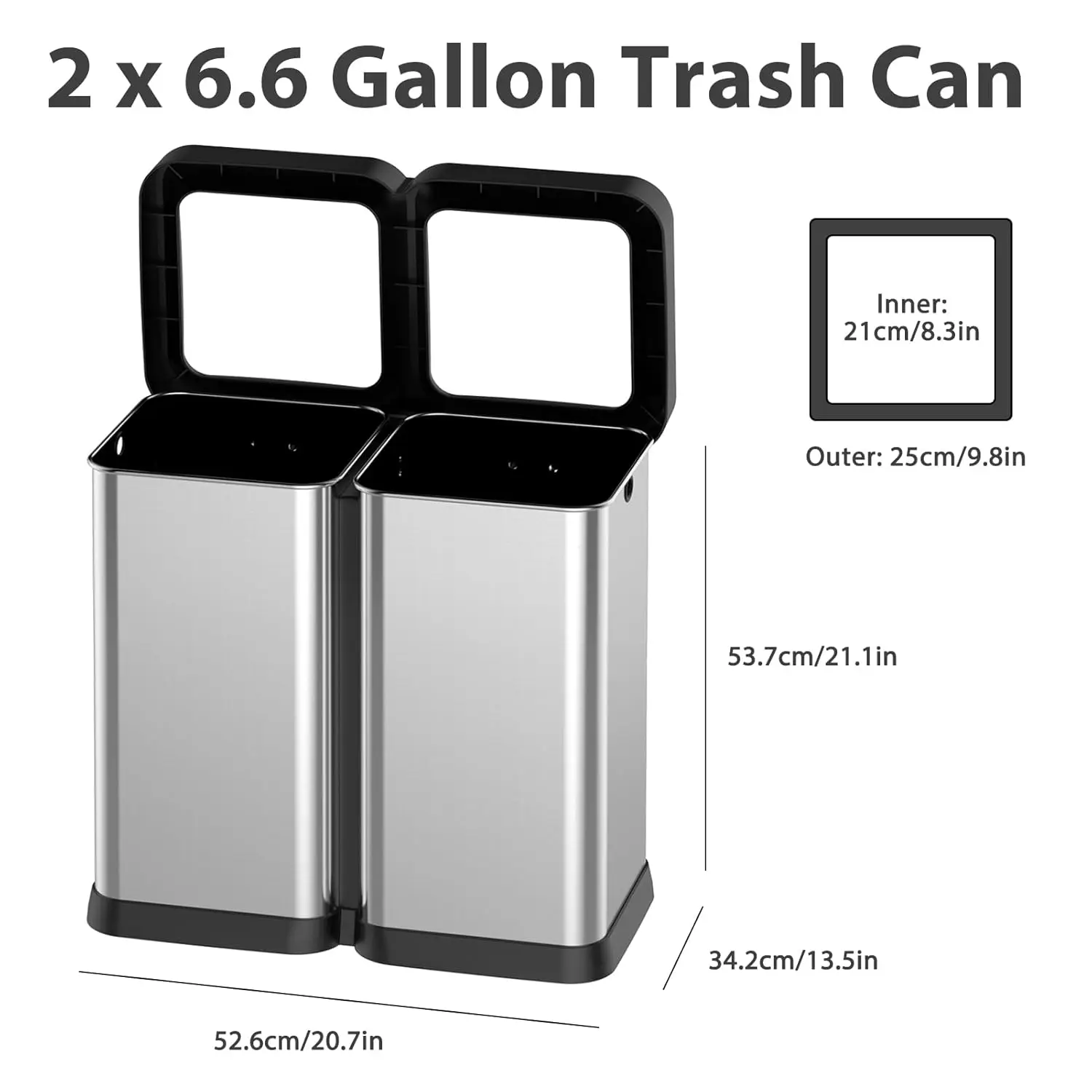 

2x6.6 Gallon Kitchen Trash Can, Dual Compartment Waste Bins, Open Top, No Lid Stainless Steel Trash Bin for Office Restaurant