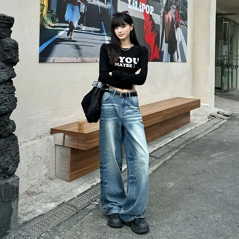 

American Retro Washed Craft Loose Design Lengthened Wide Leg Denim Pants