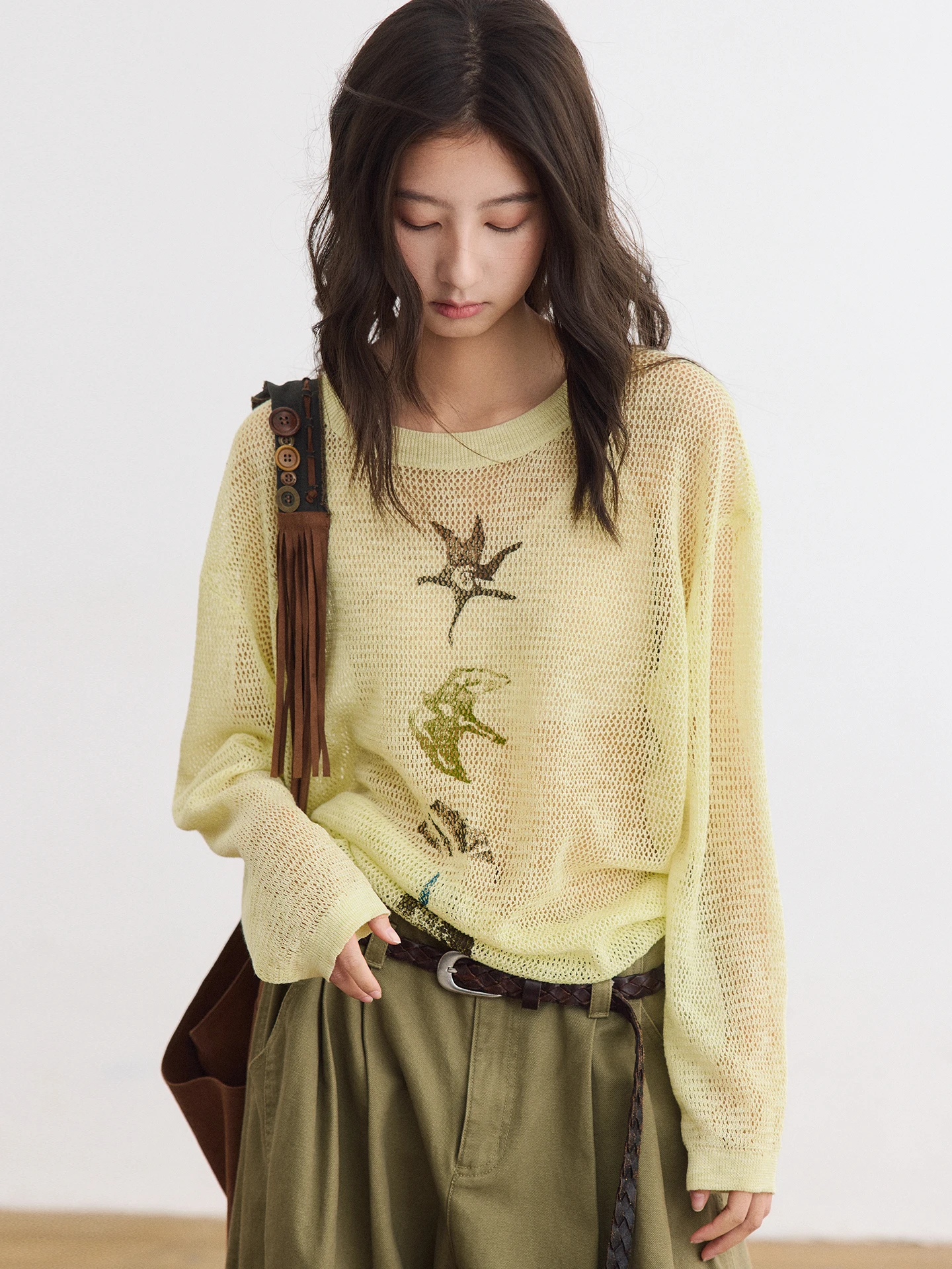 

Женский вязаный свитер Octopusme Весна 2026 с принтом, ажурный, дышащий, мягкий, стандартный крой, с длинным рукавом, круглый вырез горловины