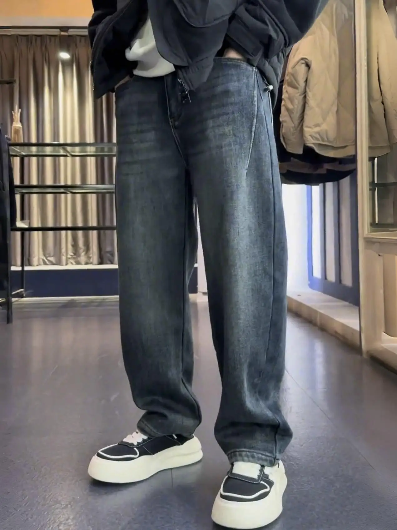 

Men's Autumn Winter Thiened Fce Lined Denim Jeans American Retro Waed Elastic Wear Resistant Loose Straight Leg Pants